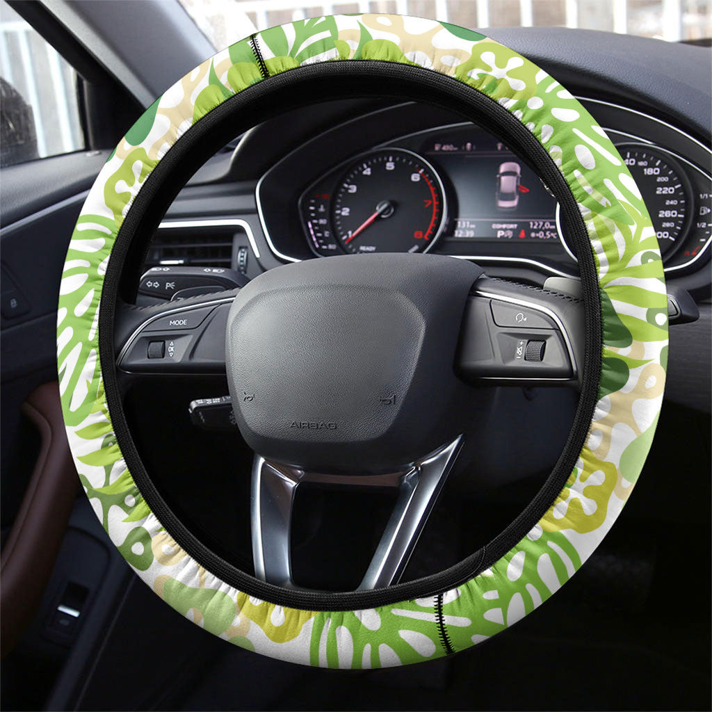 Green Aloha Hawaiian Steering Wheel Cover Monstera Hibiscus Tropical Pattern