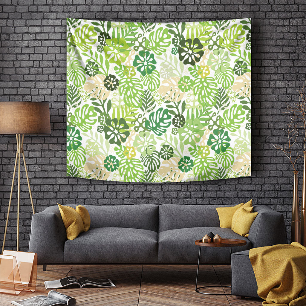 Green Aloha Hawaiian Tapestry Monstera Hibiscus Tropical Pattern