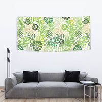 Green Aloha Hawaiian Tapestry Monstera Hibiscus Tropical Pattern