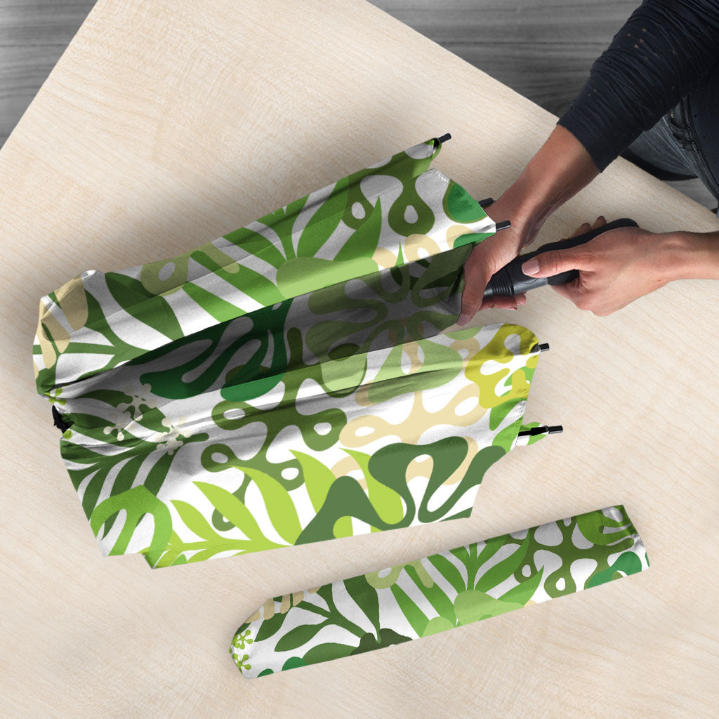 Green Aloha Hawaiian Umbrella Monstera Hibiscus Tropical Pattern