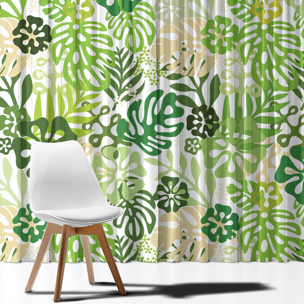 Green Aloha Hawaiian Window Curtain Monstera Hibiscus Tropical Pattern