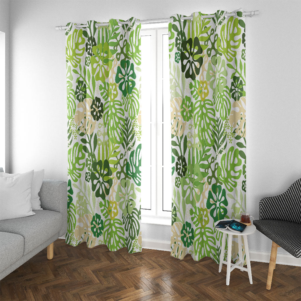Green Aloha Hawaiian Window Curtain Monstera Hibiscus Tropical Pattern