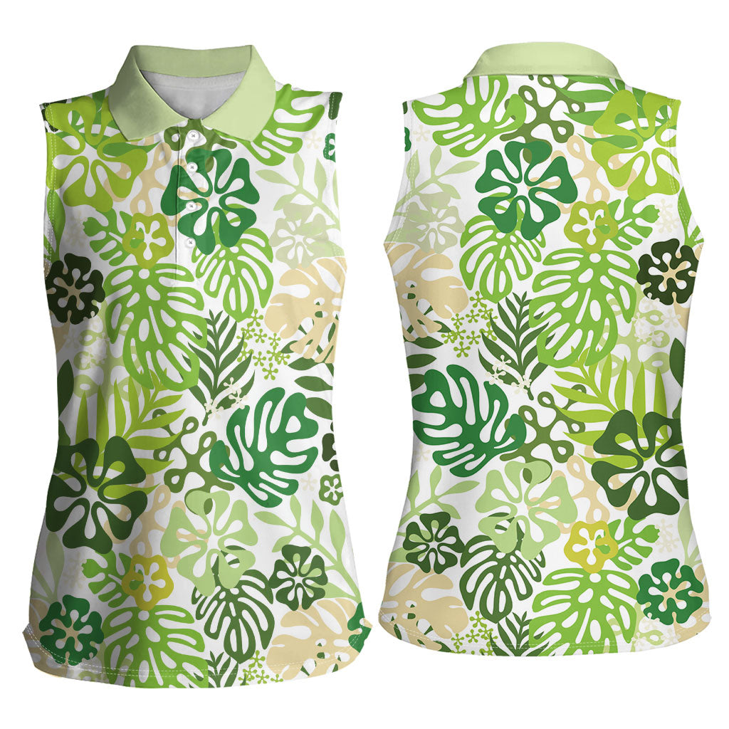 Green Aloha Hawaiian Women Sleeveless Polo Shirt Monstera Hibiscus Tropical Pattern