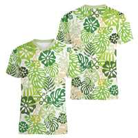 Green Aloha Hawaiian Women V-Neck T-Shirt Monstera Hibiscus Tropical Pattern