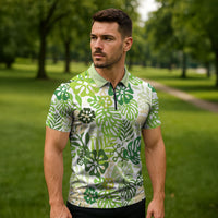 Green Aloha Hawaiian Zipper Polo Shirt Monstera Hibiscus Tropical Pattern