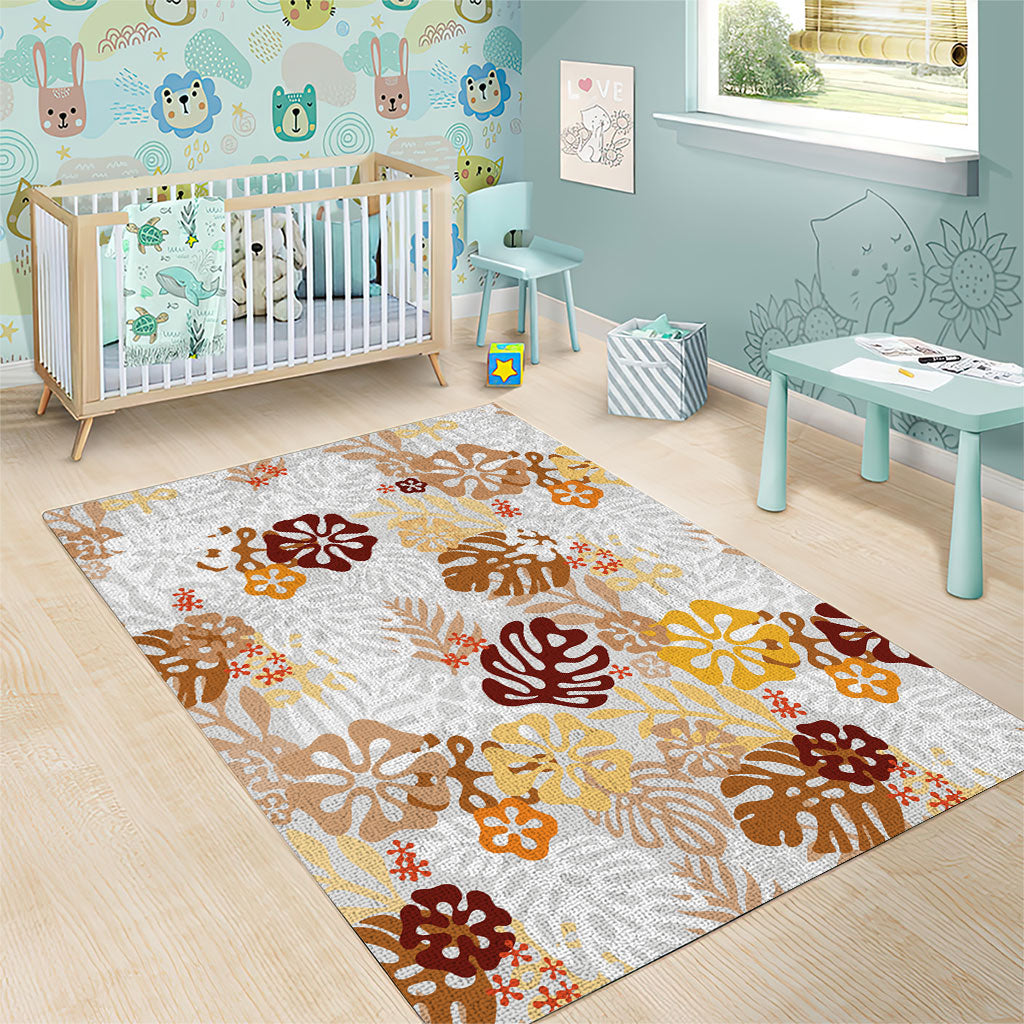 Brown Aloha Hawaiian Area Rug Monstera Hibiscus Tropical Pattern