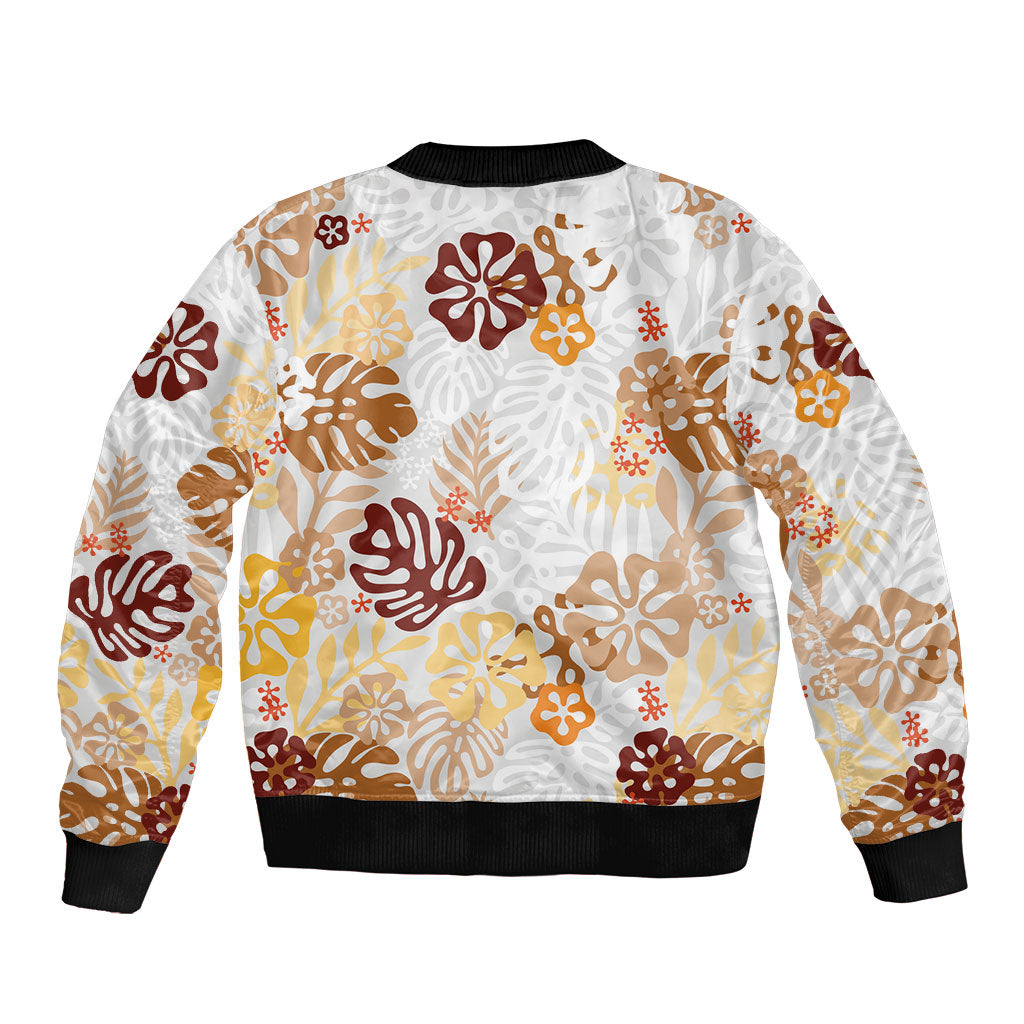 Brown Aloha Hawaiian Bomber Jacket Monstera Hibiscus Tropical Pattern