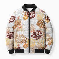 Brown Aloha Hawaiian Bomber Puffer Jacket Monstera Hibiscus Tropical Pattern