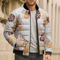 Brown Aloha Hawaiian Bomber Puffer Jacket Monstera Hibiscus Tropical Pattern