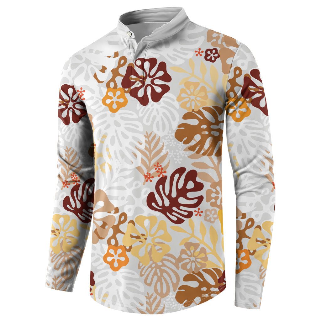 Brown Aloha Hawaiian Button Sweatshirt Monstera Hibiscus Tropical Pattern