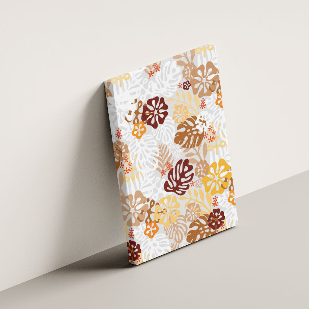 Brown Aloha Hawaiian Canvas Wall Art Monstera Hibiscus Tropical Pattern