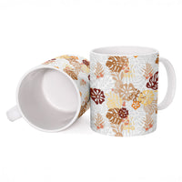 Brown Aloha Hawaiian Ceramic Mug Monstera Hibiscus Tropical Pattern