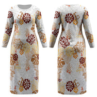 Brown Aloha Hawaiian Couples Matching Long Sleeve Bodycon Dress and Hawaiian Shirt Monstera Hibiscus Tropical Pattern