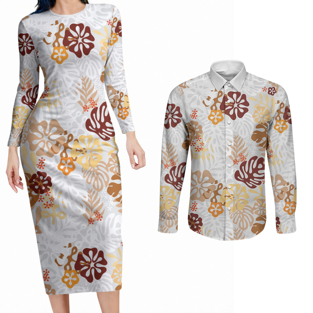 Brown Aloha Hawaiian Couples Matching Long Sleeve Bodycon Dress and Long Sleeve Button Shirt Monstera Hibiscus Tropical Pattern