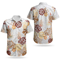 Brown Aloha Hawaiian Couples Matching Off Shoulder Maxi Dress and Hawaiian Shirt Monstera Hibiscus Tropical Pattern