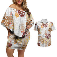 Brown Aloha Hawaiian Couples Matching Off Shoulder Short Dress and Hawaiian Shirt Monstera Hibiscus Tropical Pattern