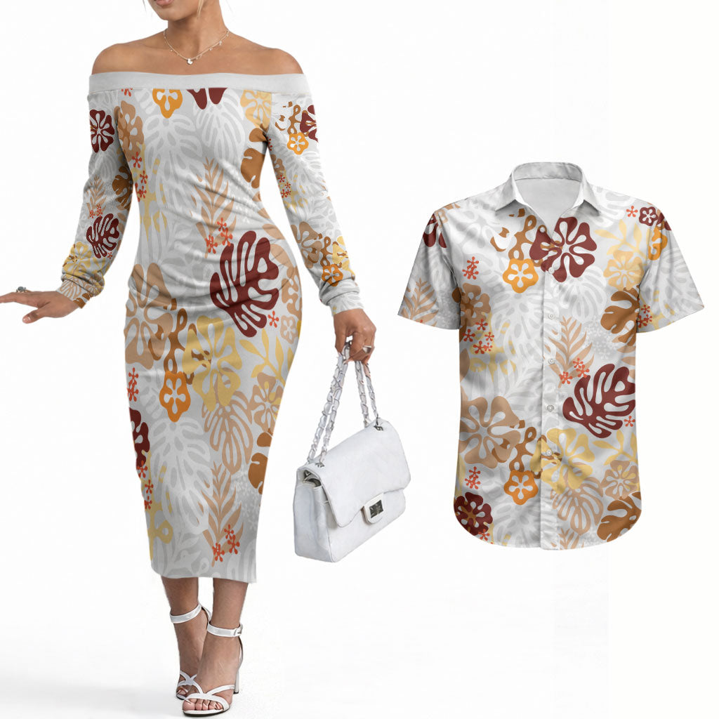Brown Aloha Hawaiian Couples Matching Off The Shoulder Long Sleeve Dress and Hawaiian Shirt Monstera Hibiscus Tropical Pattern