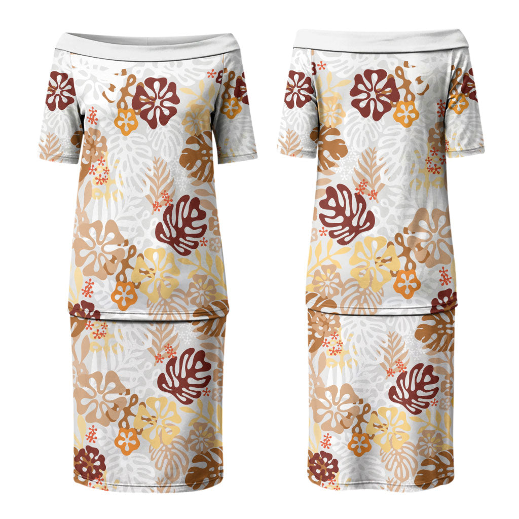 Brown Aloha Hawaiian Couples Matching Puletasi and Long Sleeve Button Shirt Monstera Hibiscus Tropical Pattern
