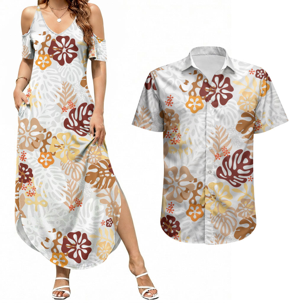 Brown Aloha Hawaiian Couples Matching Summer Maxi Dress and Hawaiian Shirt Monstera Hibiscus Tropical Pattern