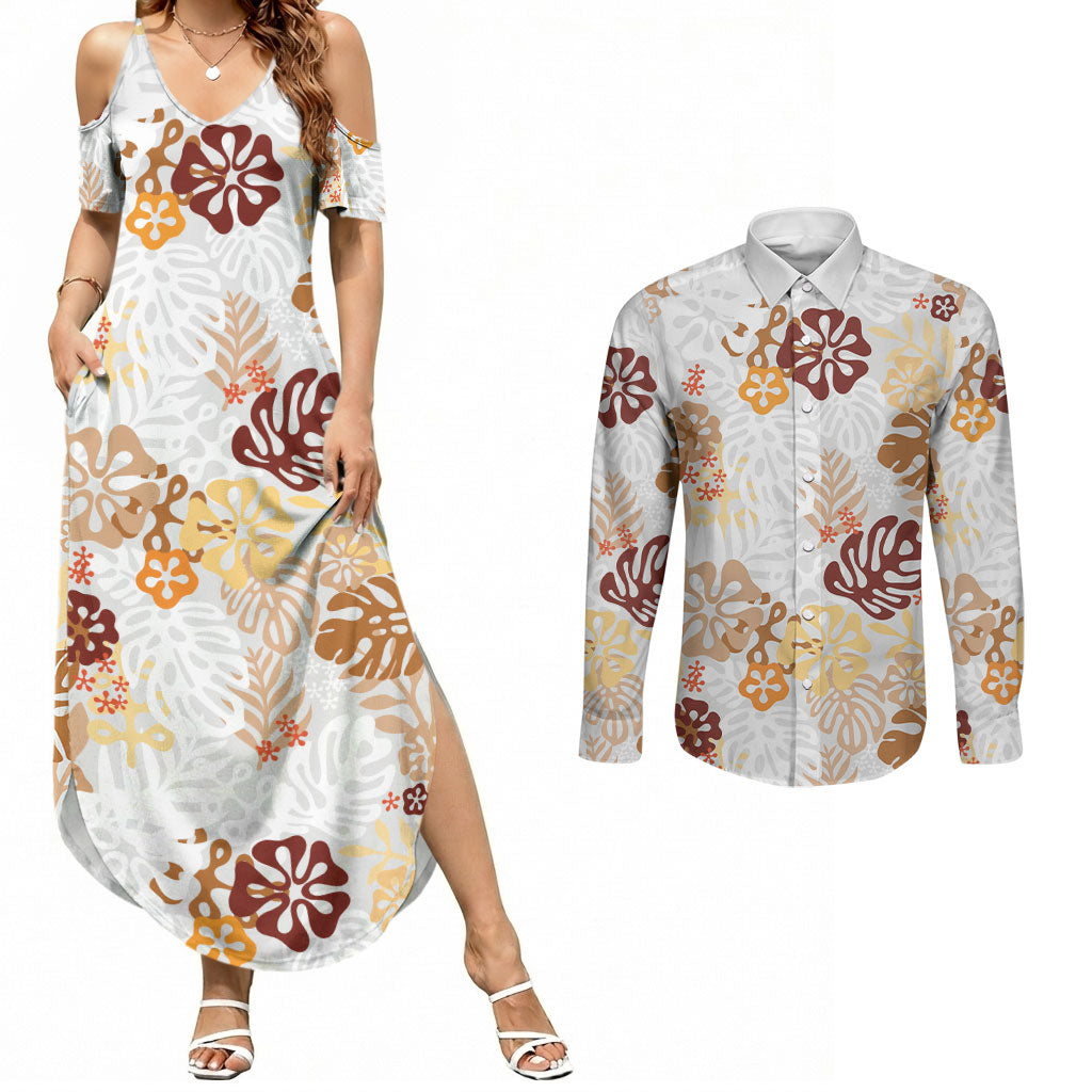 Brown Aloha Hawaiian Couples Matching Summer Maxi Dress and Long Sleeve Button Shirt Monstera Hibiscus Tropical Pattern