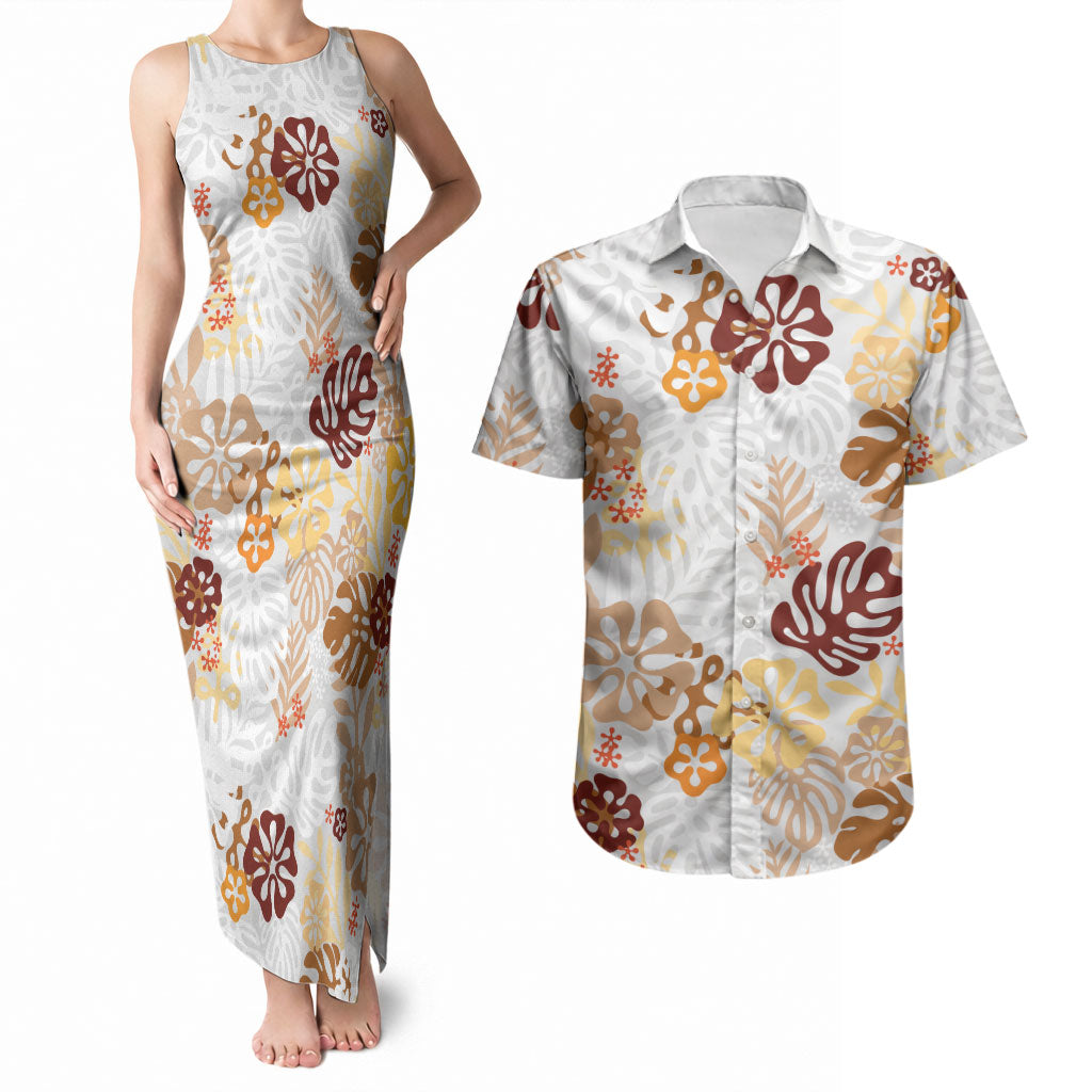 Brown Aloha Hawaiian Couples Matching Tank Maxi Dress and Hawaiian Shirt Monstera Hibiscus Tropical Pattern LT19 Brown - Polynesian Pride