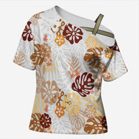 Brown Aloha Hawaiian Cross Shoulder Shirt Monstera Hibiscus Tropical Pattern