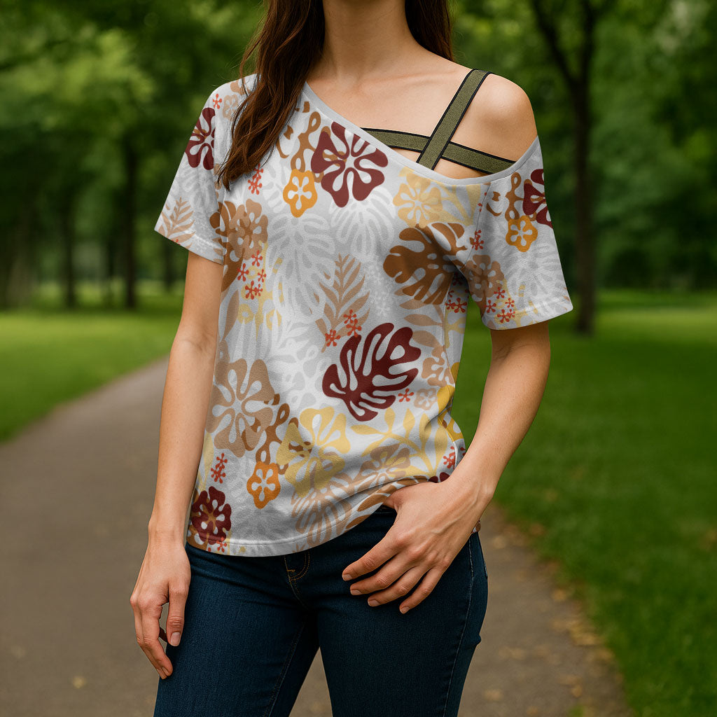 Brown Aloha Hawaiian Cross Shoulder Shirt Monstera Hibiscus Tropical Pattern