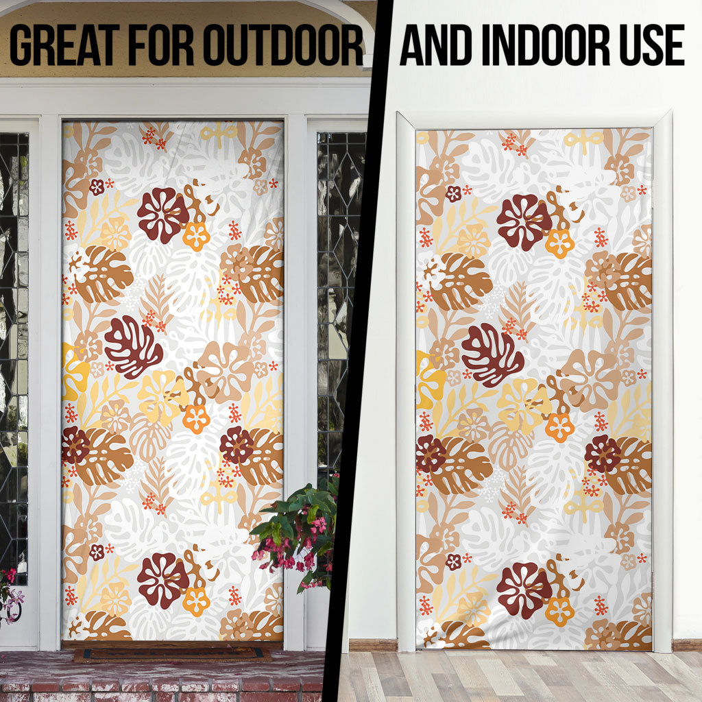 Brown Aloha Hawaiian Door Cover Monstera Hibiscus Tropical Pattern