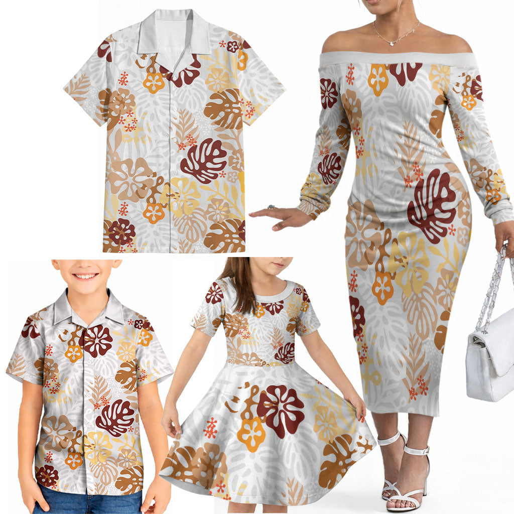 Brown Aloha Hawaiian Family Matching Off The Shoulder Long Sleeve Dress and Hawaiian Shirt Monstera Hibiscus Tropical Pattern