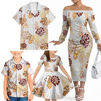 Brown Aloha Hawaiian Family Matching Off The Shoulder Long Sleeve Dress and Hawaiian Shirt Monstera Hibiscus Tropical Pattern