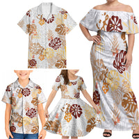 Brown Aloha Hawaiian Family Matching Off Shoulder Maxi Dress and Hawaiian Shirt Monstera Hibiscus Tropical Pattern