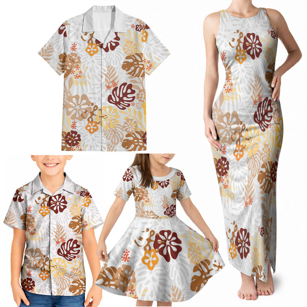 Brown Aloha Hawaiian Family Matching Tank Maxi Dress and Hawaiian Shirt Monstera Hibiscus Tropical Pattern
