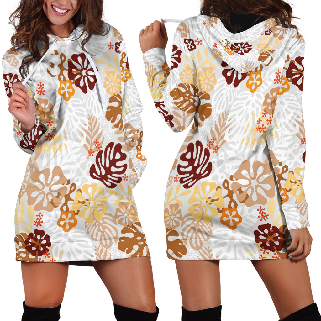 Brown Aloha Hawaiian Hoodie Dress Monstera Hibiscus Tropical Pattern