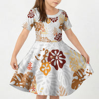 Brown Aloha Hawaiian Kid Short Sleeve Dress Monstera Hibiscus Tropical Pattern