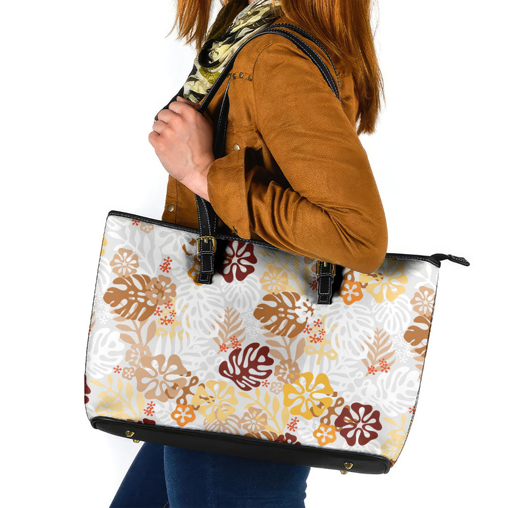 Brown Aloha Hawaiian Leather Tote Bag Monstera Hibiscus Tropical Pattern