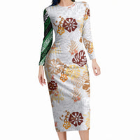 Brown Aloha Hawaiian Long Sleeve Bodycon Dress Monstera Hibiscus Tropical Pattern