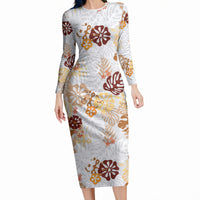 Brown Aloha Hawaiian Long Sleeve Bodycon Dress Monstera Hibiscus Tropical Pattern LT19 Long Dress Brown - Polynesian Pride