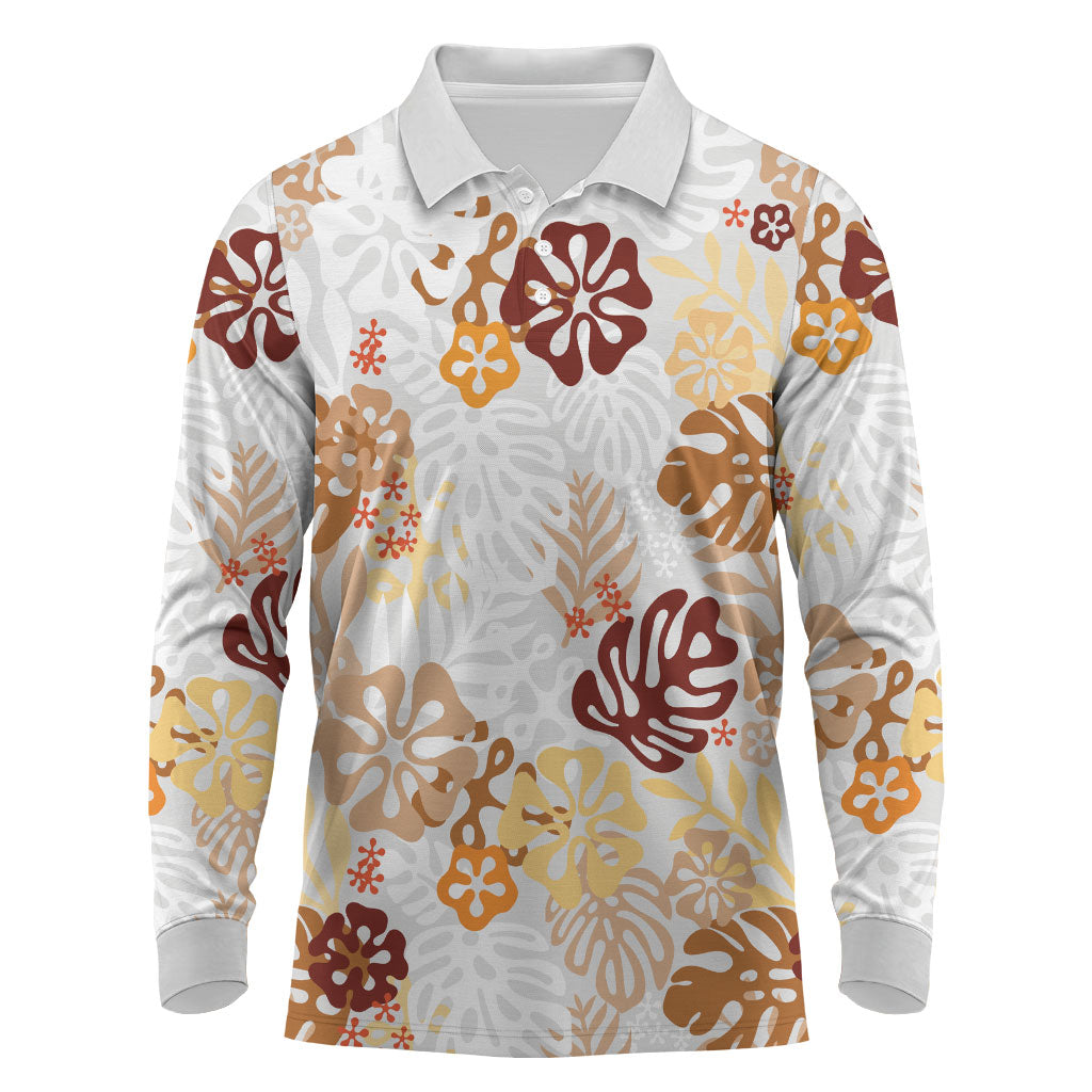 Brown Aloha Hawaiian Long Sleeve Polo Shirt Monstera Hibiscus Tropical Pattern