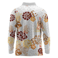 Brown Aloha Hawaiian Long Sleeve Polo Shirt Monstera Hibiscus Tropical Pattern