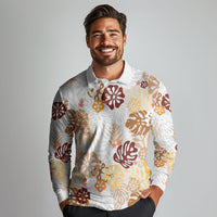 Brown Aloha Hawaiian Long Sleeve Polo Shirt Monstera Hibiscus Tropical Pattern