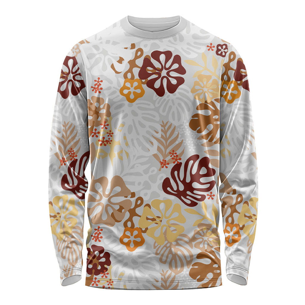 Brown Aloha Hawaiian Long Sleeve Shirt Monstera Hibiscus Tropical Pattern