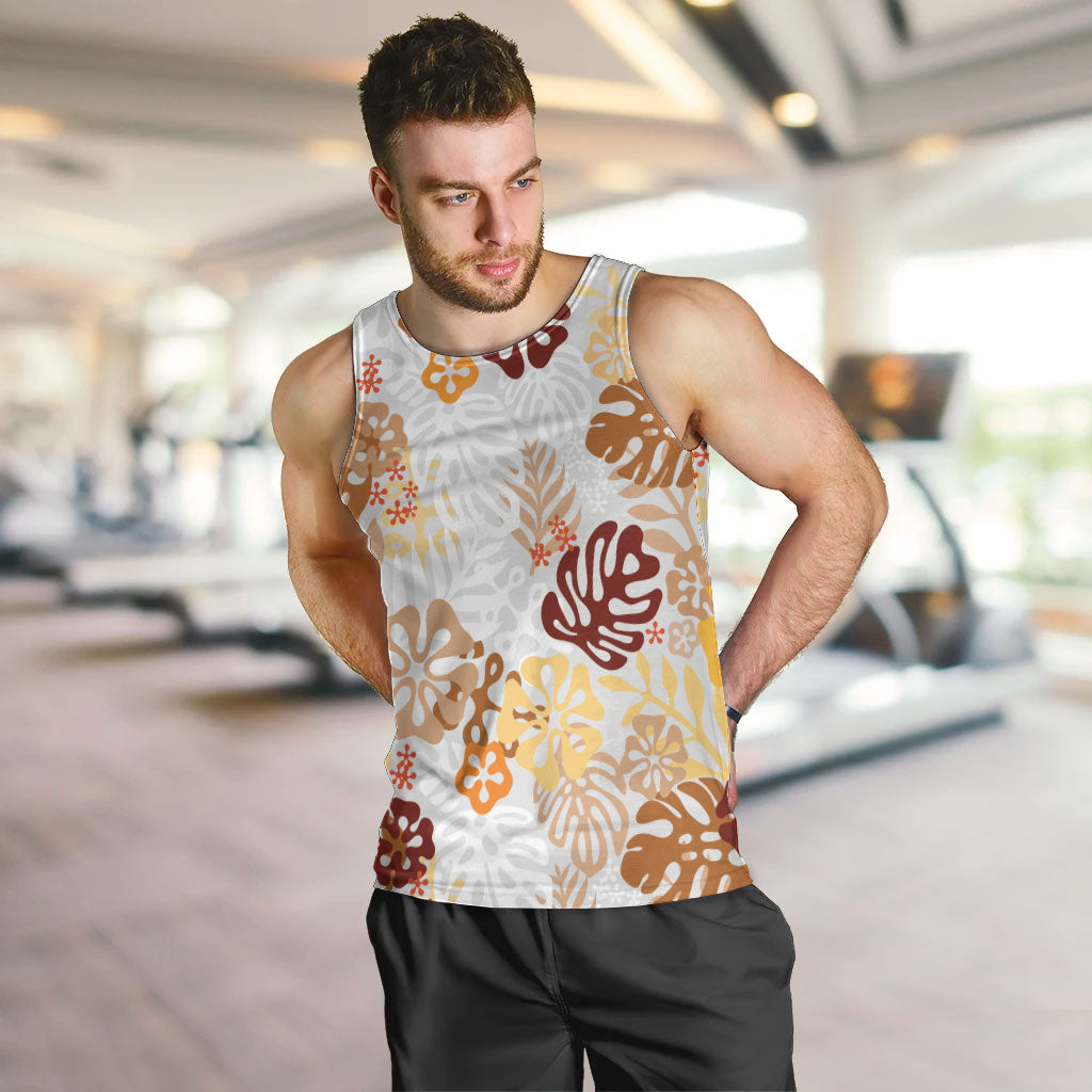 Brown Aloha Hawaiian Men Tank Top Monstera Hibiscus Tropical Pattern