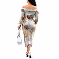 Brown Aloha Hawaiian Off The Shoulder Long Sleeve Dress Monstera Hibiscus Tropical Pattern