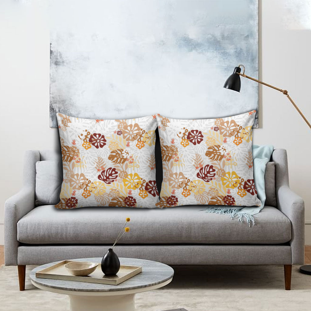 Brown Aloha Hawaiian Pillow Cover Monstera Hibiscus Tropical Pattern