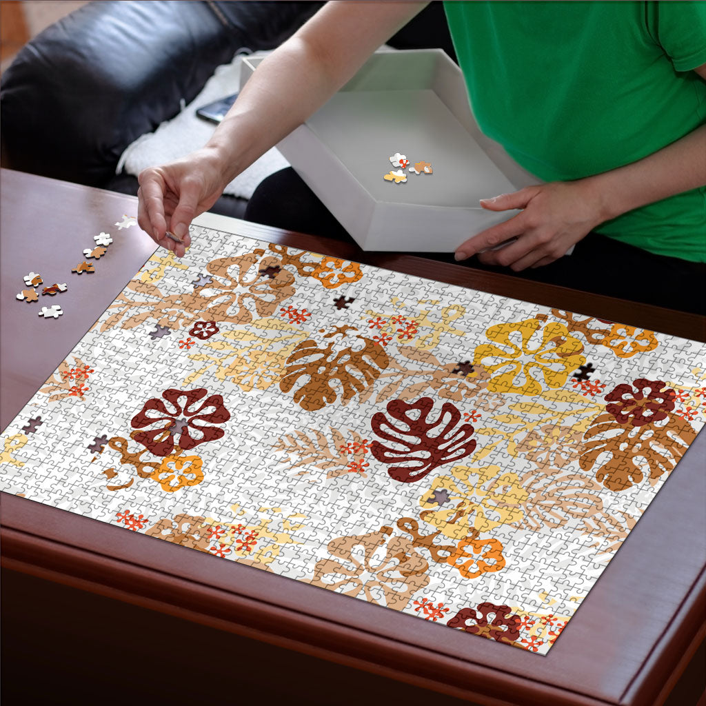 Brown Aloha Hawaiian Puzzle Monstera Hibiscus Tropical Pattern