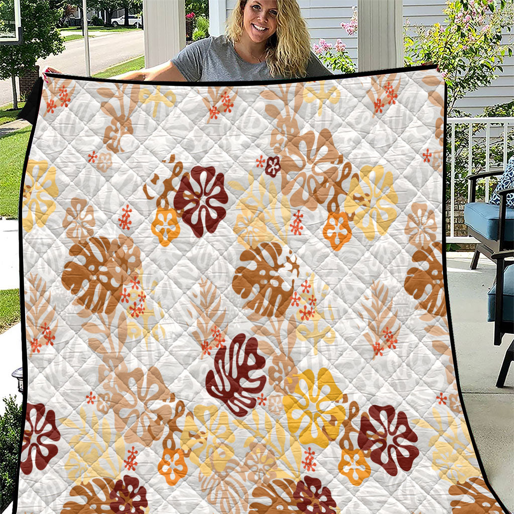 Brown Aloha Hawaiian Quilt Monstera Hibiscus Tropical Pattern
