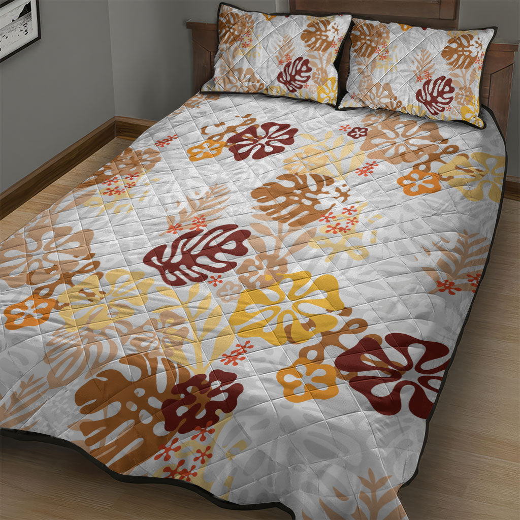 Brown Aloha Hawaiian Quilt Bed Set Monstera Hibiscus Tropical Pattern
