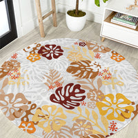 Brown Aloha Hawaiian Round Carpet Monstera Hibiscus Tropical Pattern