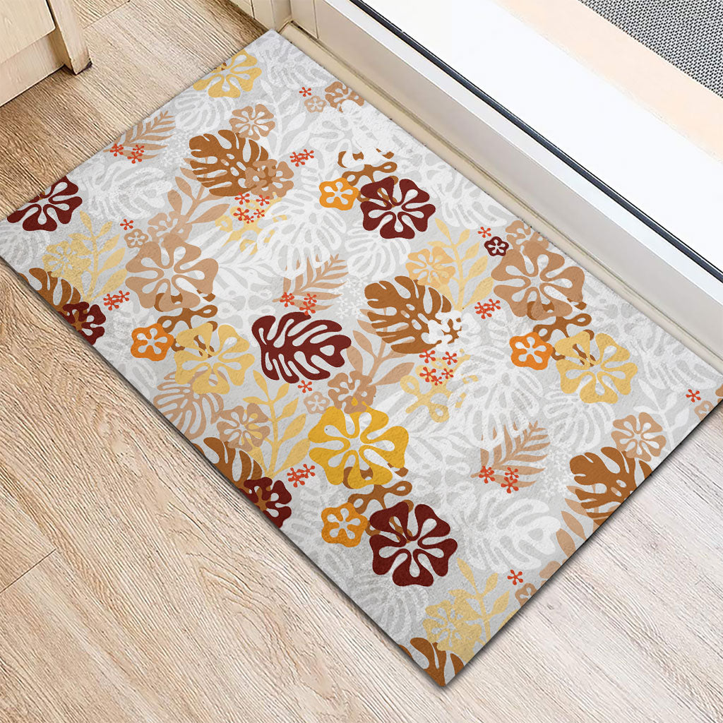 Brown Aloha Hawaiian Rubber Doormat Monstera Hibiscus Tropical Pattern
