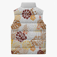Brown Aloha Hawaiian Sleeveless Puffer Jacket Monstera Hibiscus Tropical Pattern